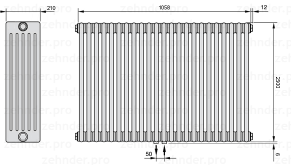Схема (чертеж) Радиатор Zehnder Charleston 6250/23 №5410 Белый глянцевый RAL 9016